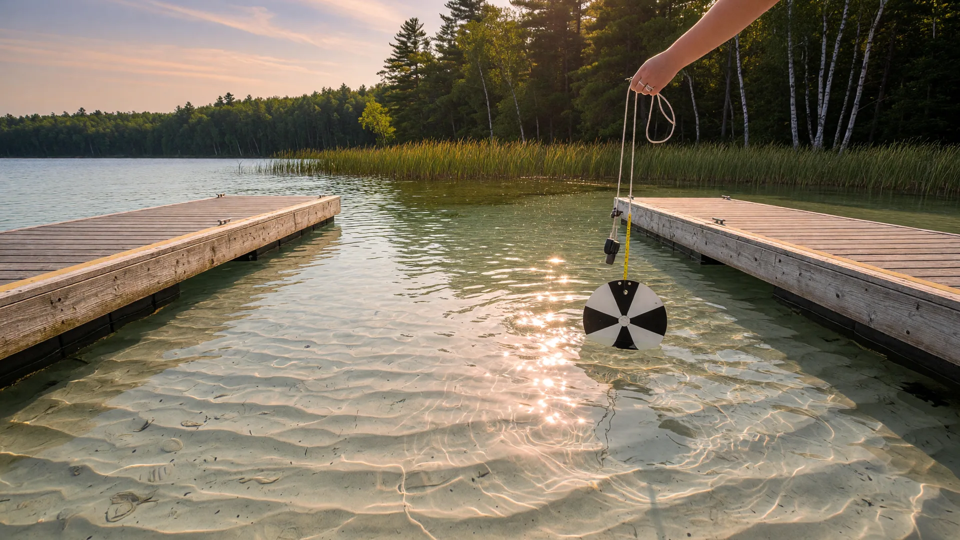 Clear Gull Lake water with a sandy bottom viewed from a dock in East Gull Lake, Minnesota