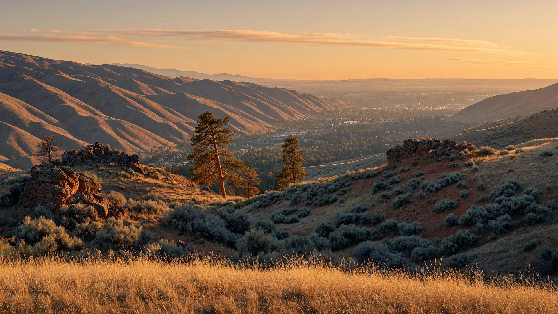 Boise foothills at golden hour, city lights beginning to glow in the valley below