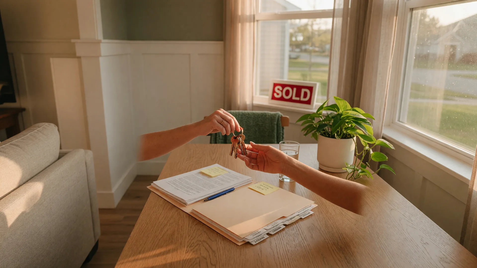 Hands exchanging brass house keys across a light oak table covered with closing documents and a green plant in a sunlit modern living room, symbolizing closing day
