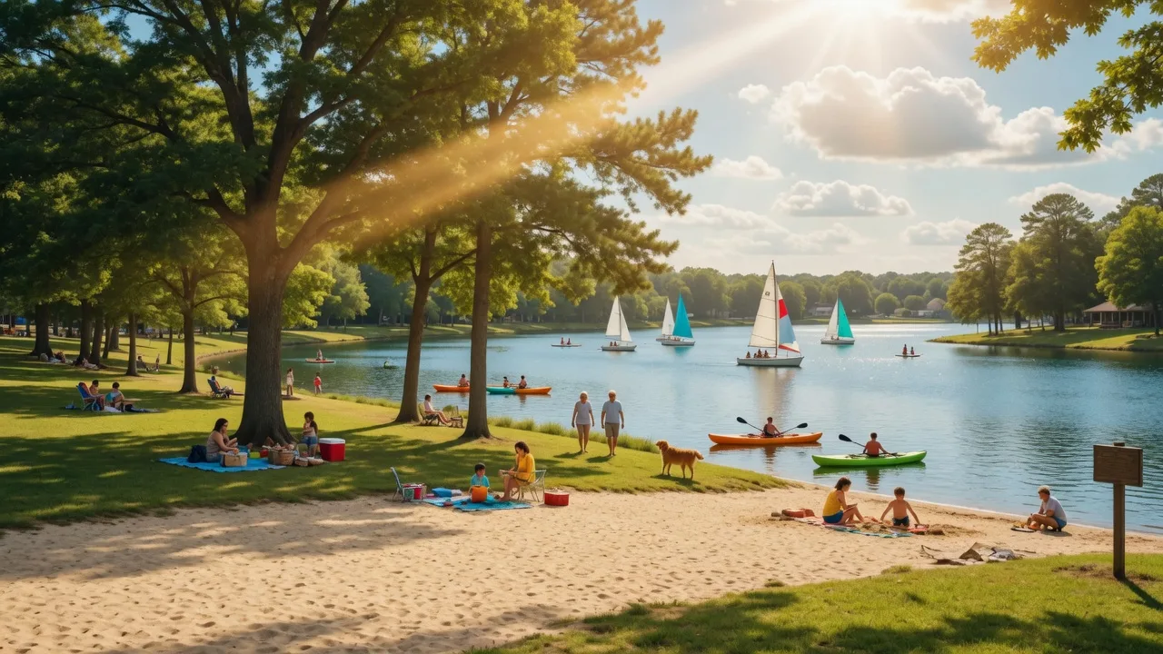 Lake Acworth at Cauble Park on a bright summer day with sailboats on the blue water and families enjoying the shoreline