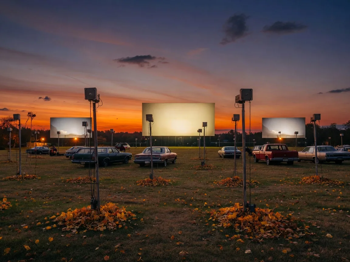 A classic American drive-in movie theater glowing under an autumn dusk sky in Michigan