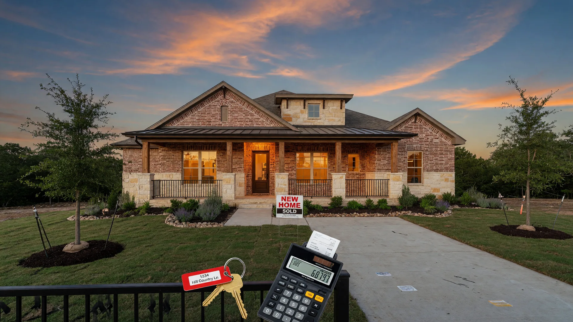 A newly built Texas Hill Country home at golden hour with a brass key and financial calculator on the porch railing