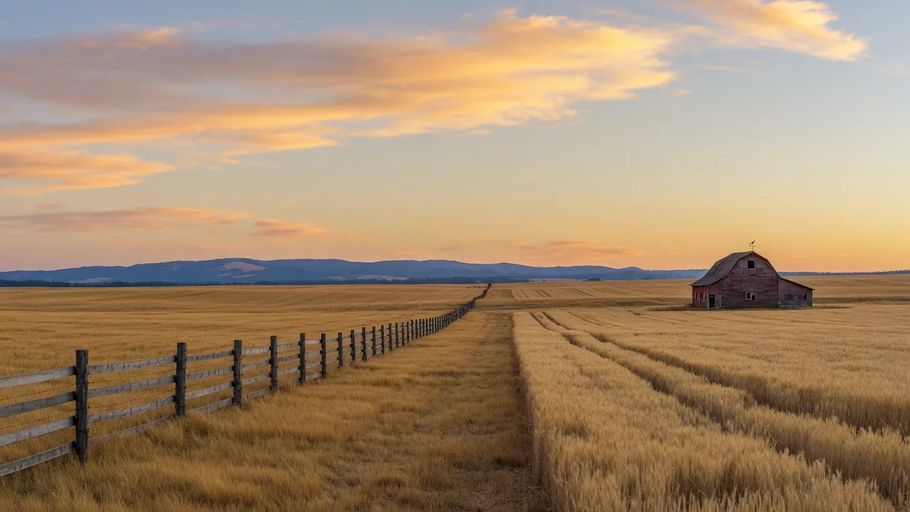 Golden farmland in the Willamette Valley with a barn and split-rail fence at sunset