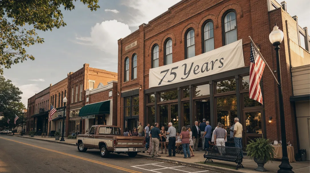 Historic downtown Hartwell street with brick storefronts, American flags, and community members gathering on a summer afternoon