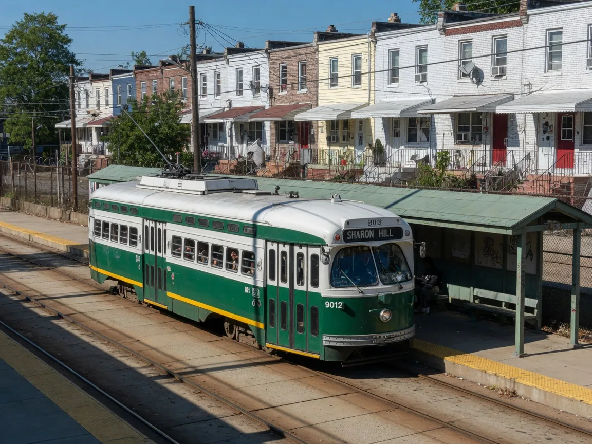 SEPTA Route 102 trolley at the Sharon Hill station, with residential rowhomes in the background