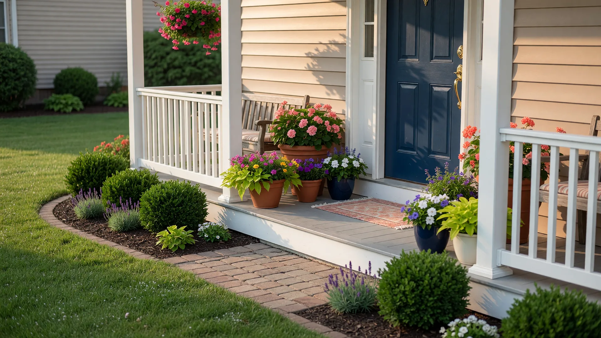 Welcoming front porch of a South Jersey home with fresh paint, navy blue front door, and potted plants