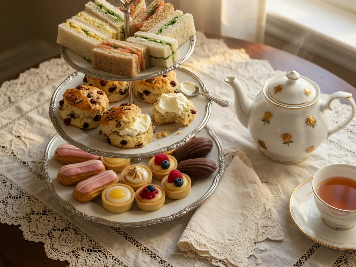 A three-tier high tea tray at Fergusson's on the Square in Hoschton Georgia, with finger sandwiches, warm scones, and pastries beside a porcelain teapot