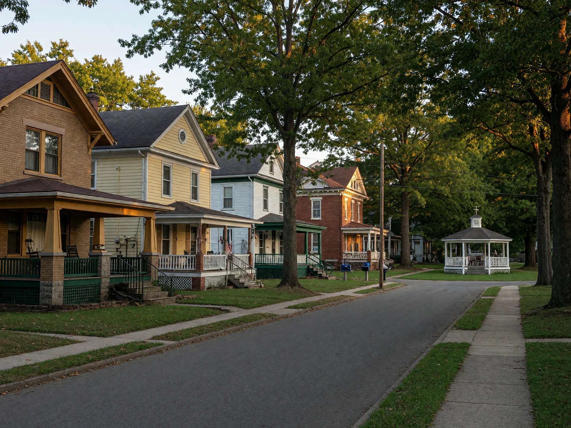 A traditional neighborhood streetscape of classic front-porch homes with sidewalks and a community green in southern Bowling Green