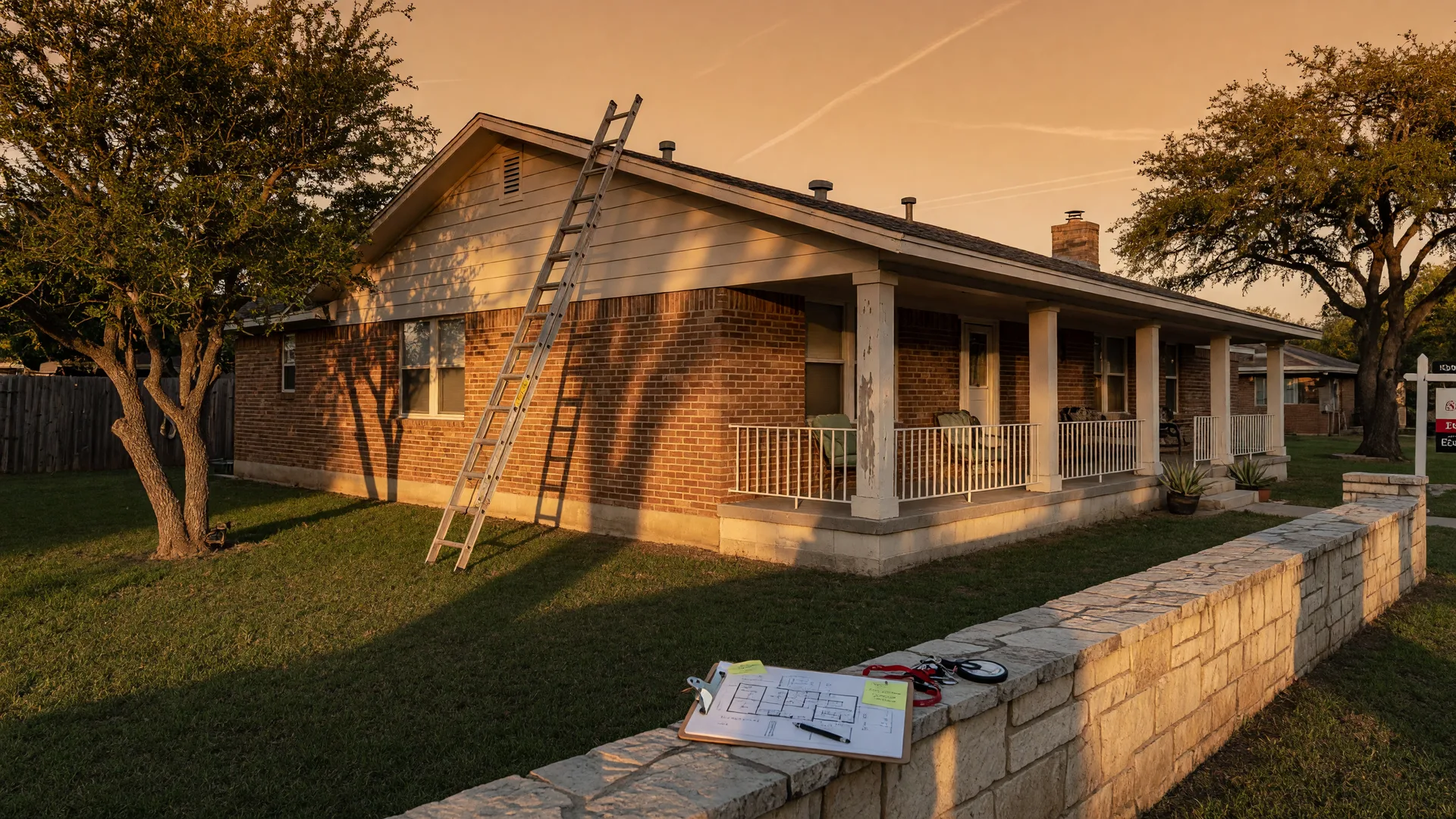 A Texas ranch-style home at golden hour with an inspector's ladder at the roofline and a floor plan clipboard in the foreground, the same house a San Antonio home inspector and an appraiser both visit