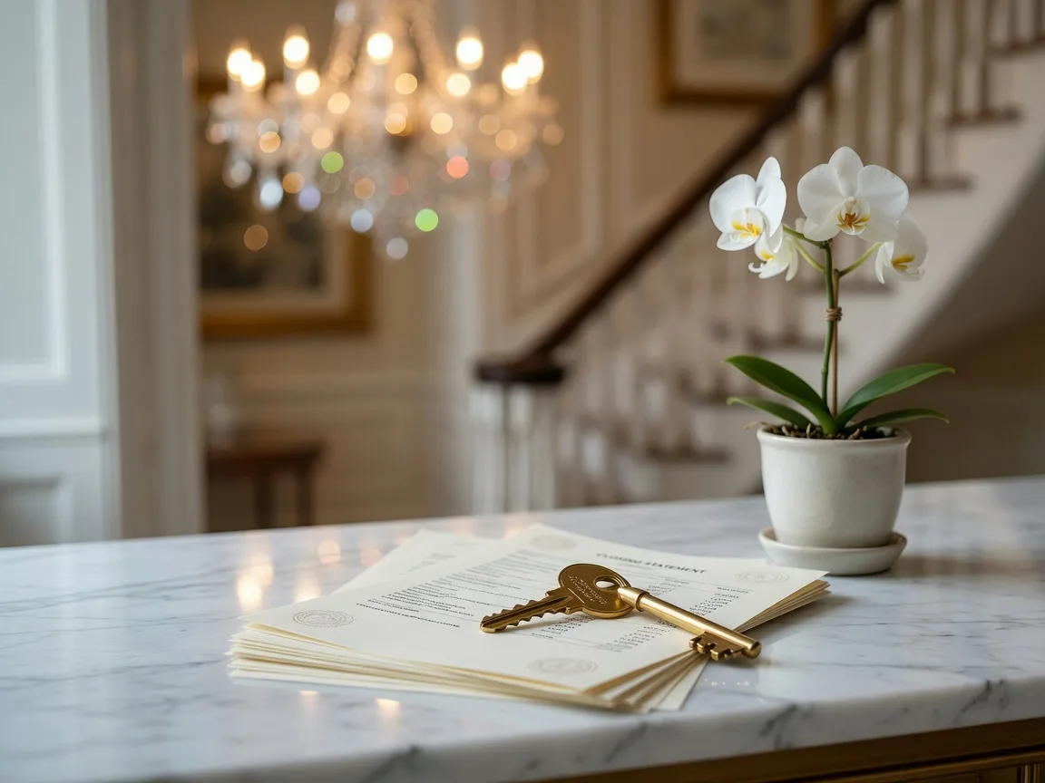 A brass house key resting on financial documents on a marble entryway table inside a luxury home, soft window light