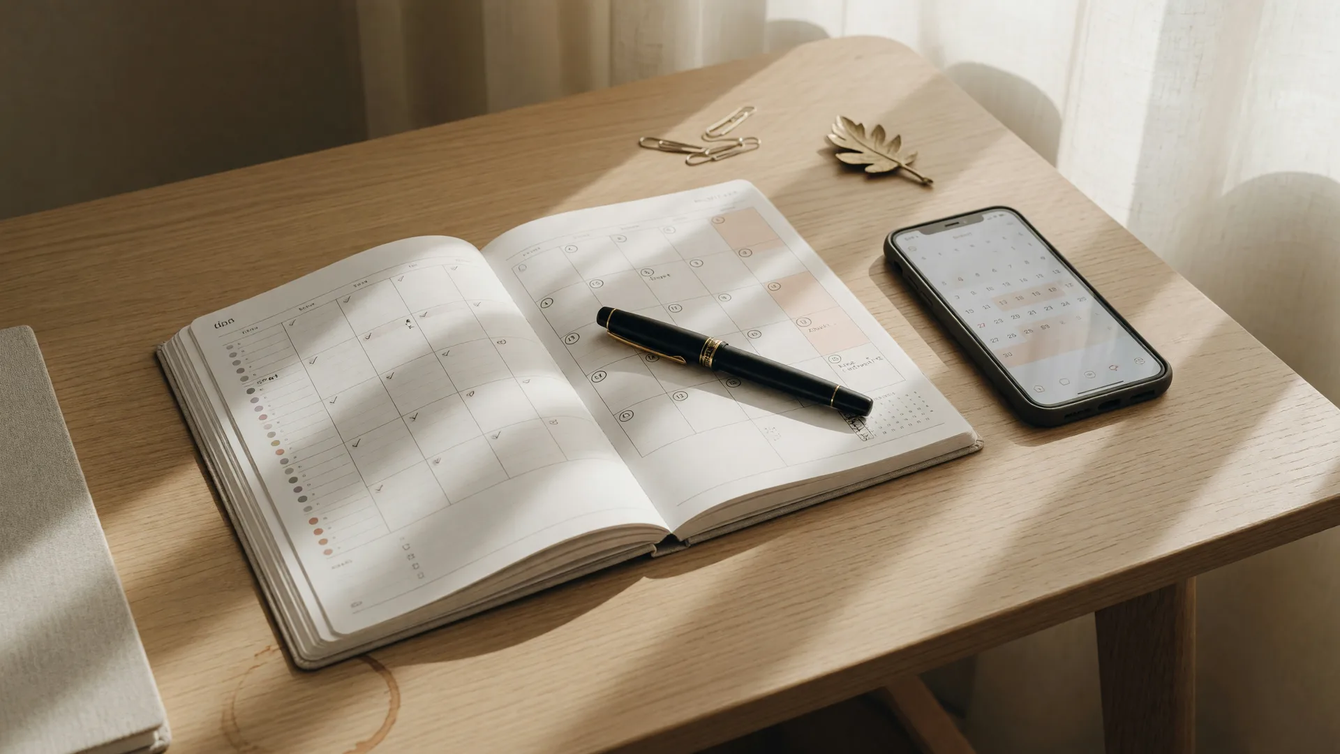 Open planner with a pen and smartphone showing calendar dates on a clean desk