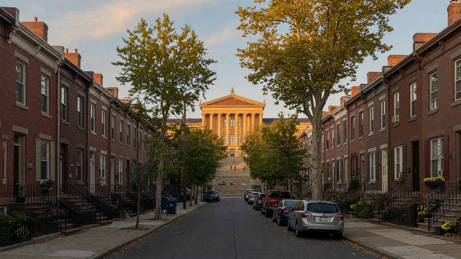 Fairmount neighborhood tree-lined street with historic brownstones near the Philadelphia Museum of Art