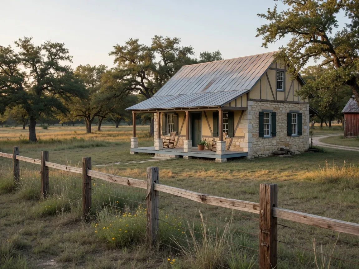 A restored 19th century limestone and half-timbered Hill Country homestead with a standing-seam metal roof and deep front porch, set among live oaks