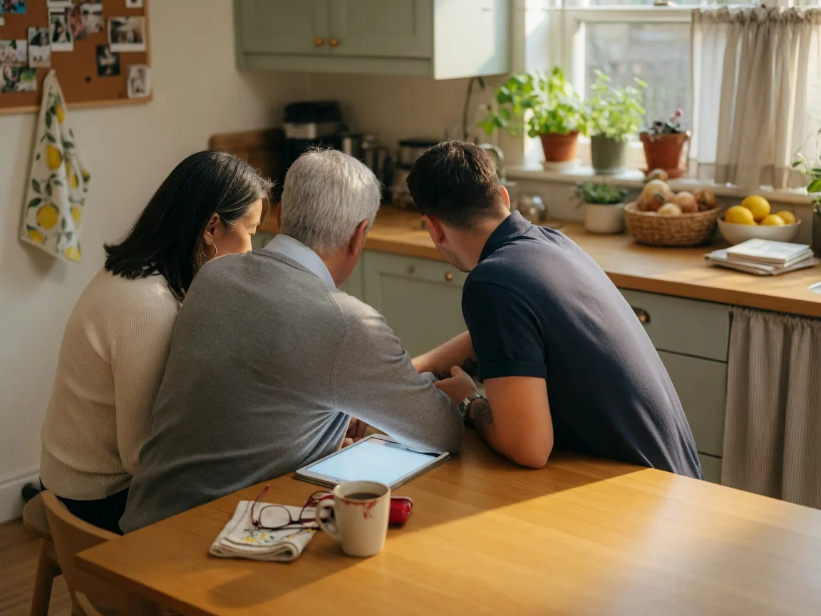 Three family members reviewing senior care options together on a tablet at a bright kitchen table