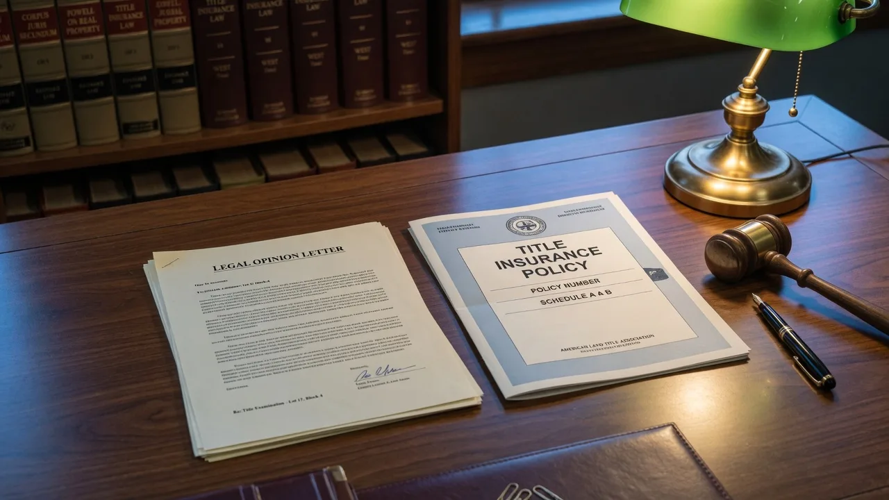 Legal opinion letter and title insurance policy side by side on an attorney's desk