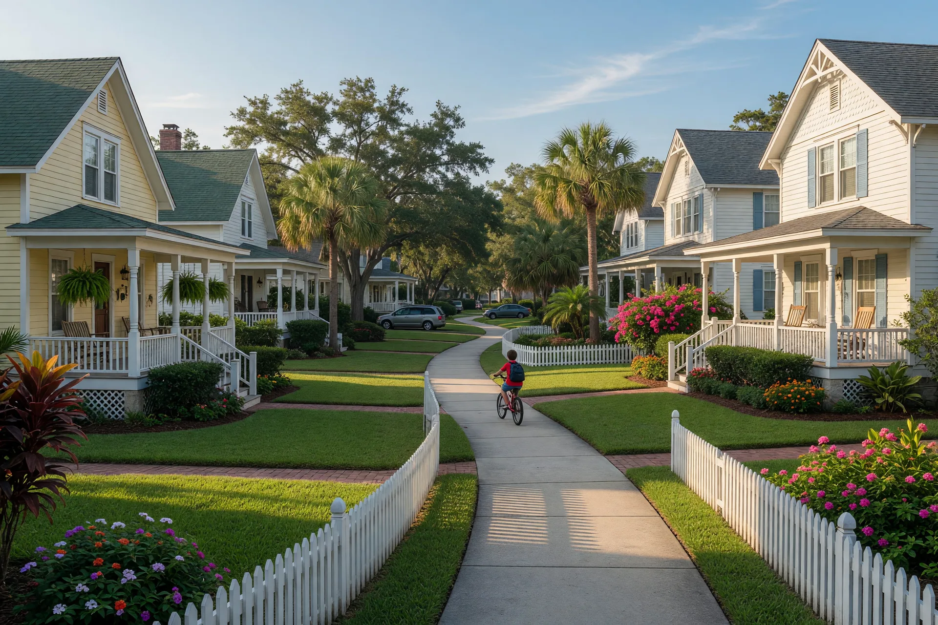 New Urbanist streetscape in Celebration, Florida with tree-lined streets and front-porch homes