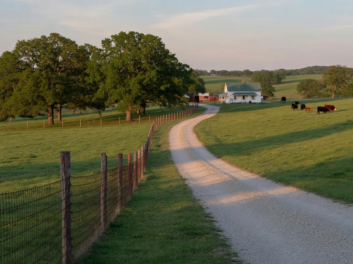 A gravel driveway curving between green pastures and timber toward a farmhouse on the edge of the Missouri Ozarks