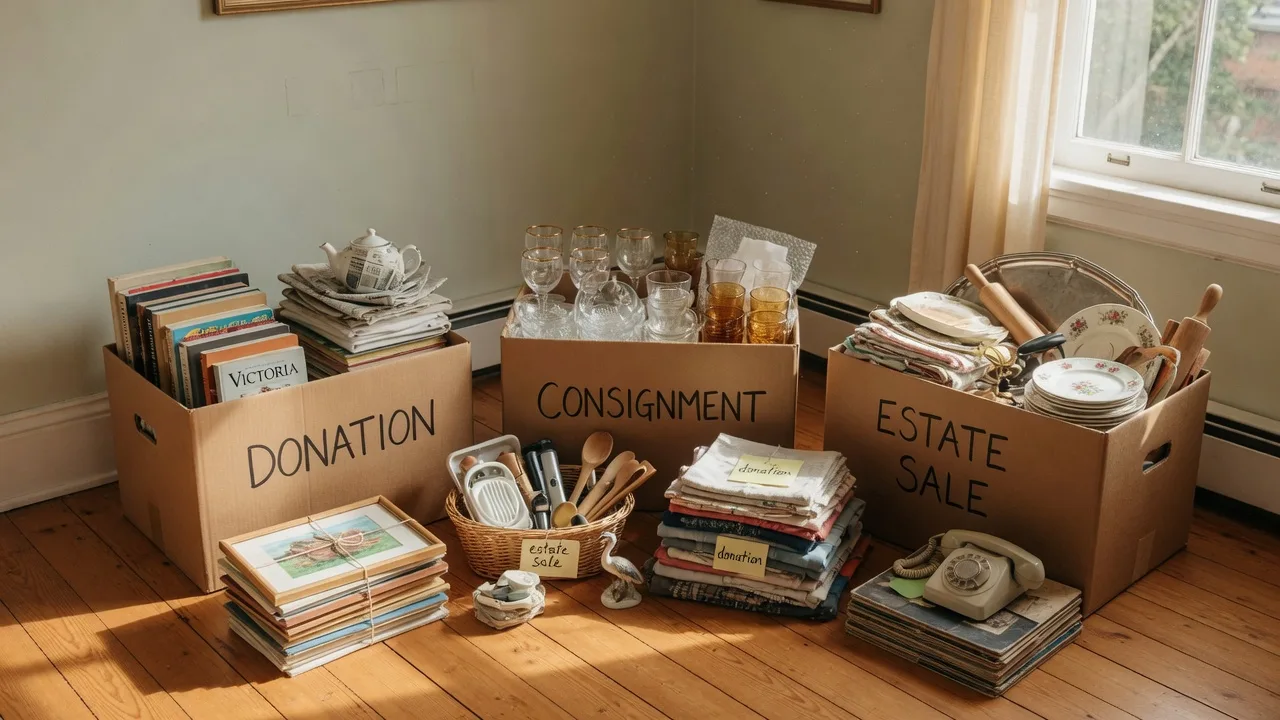 Organized boxes and piles of household items sorted for donation, consignment, and estate sale in a bright Victoria home