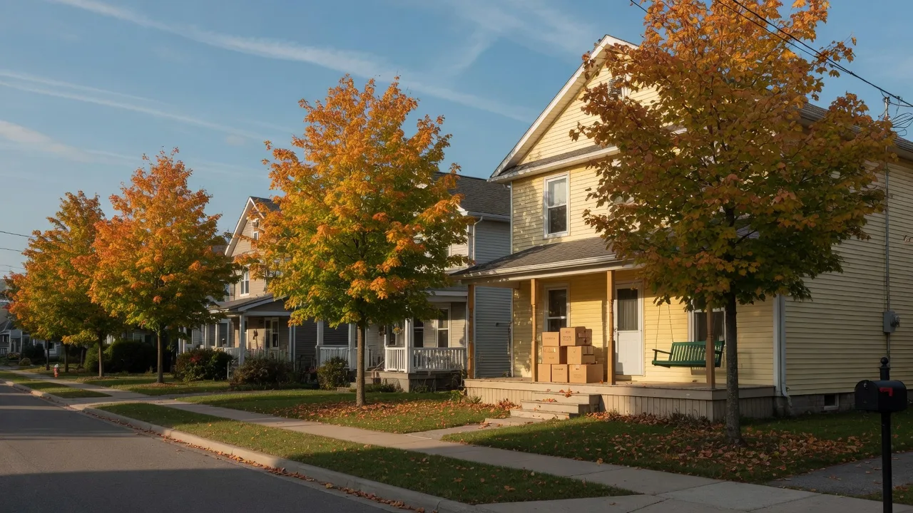 A welcoming family street in Port Perry on a late-September morning, with a two-storey home, a small stack of moving boxes beside the front door and maples showing early autumn colour