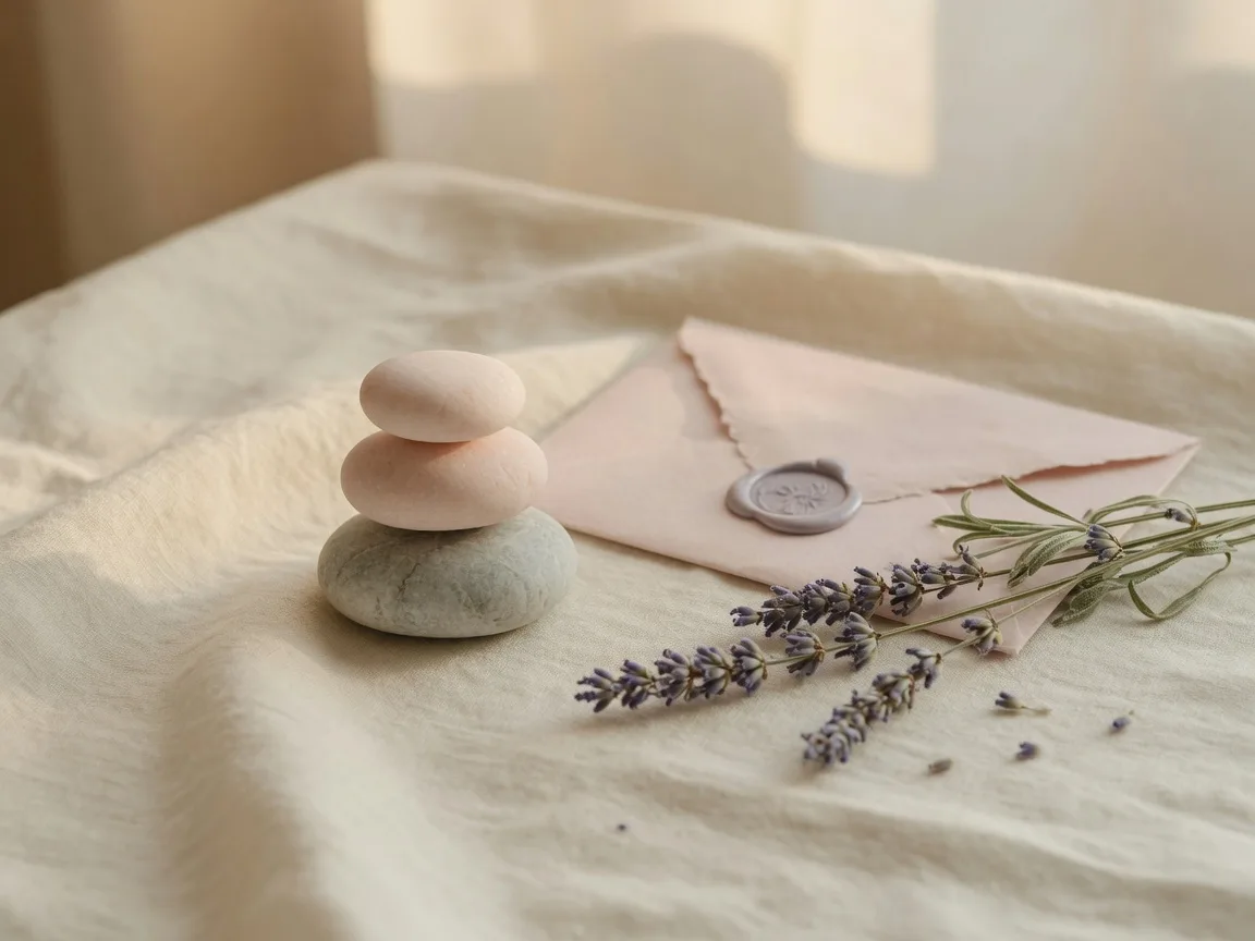 Three smooth stones stacked in balance beside a sealed letter and dried lavender