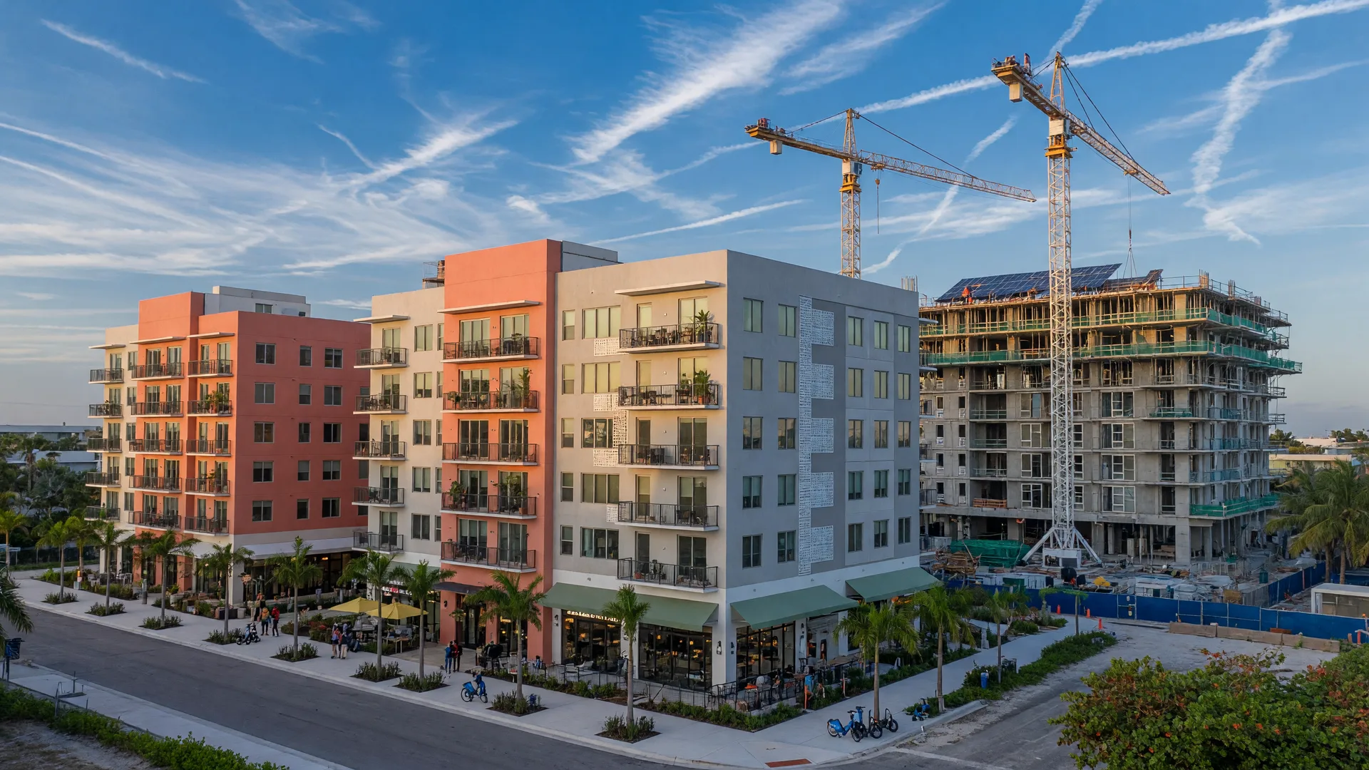 Modern South Florida mixed-use development with apartment buildings and construction cranes