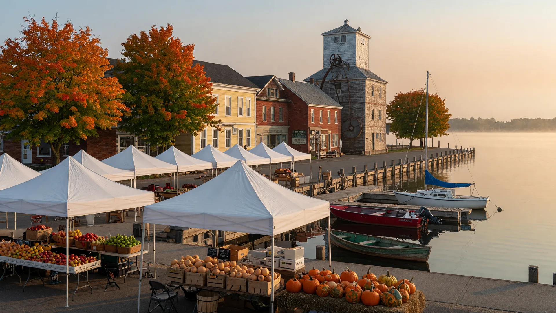 The Port Perry waterfront on a late September Saturday morning with farmers market stalls at the foot of Queen Street, crates of apples and squash, the heritage grain mill, and maples just beginning to turn orange and gold along Lake Scugog