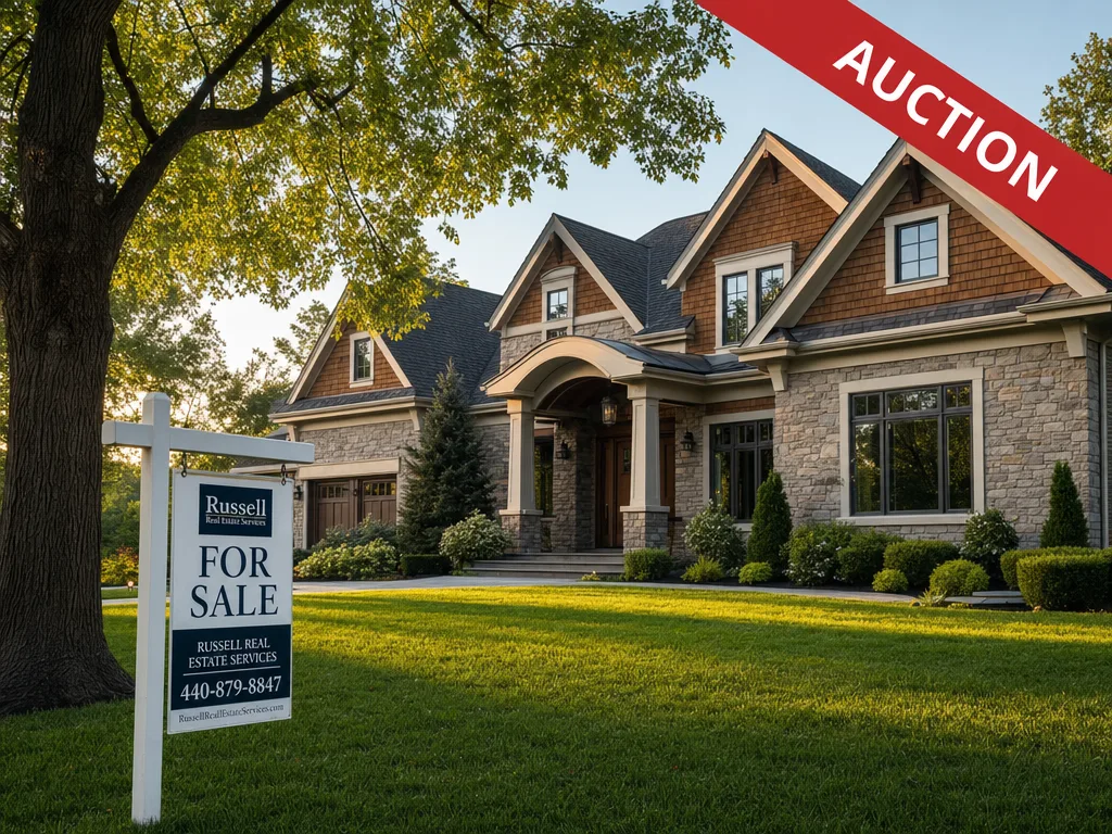 Luxury home in a Westlake neighborhood with a for sale sign out front, featuring mature trees and manicured landscaping in late afternoon sun