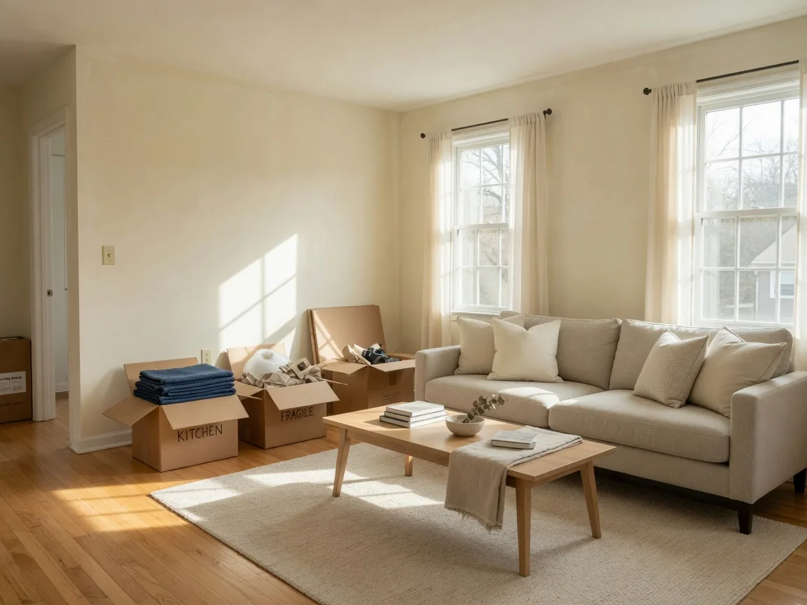 A bright, freshly prepared living room in a suburban Maryland home, staged and ready for showings