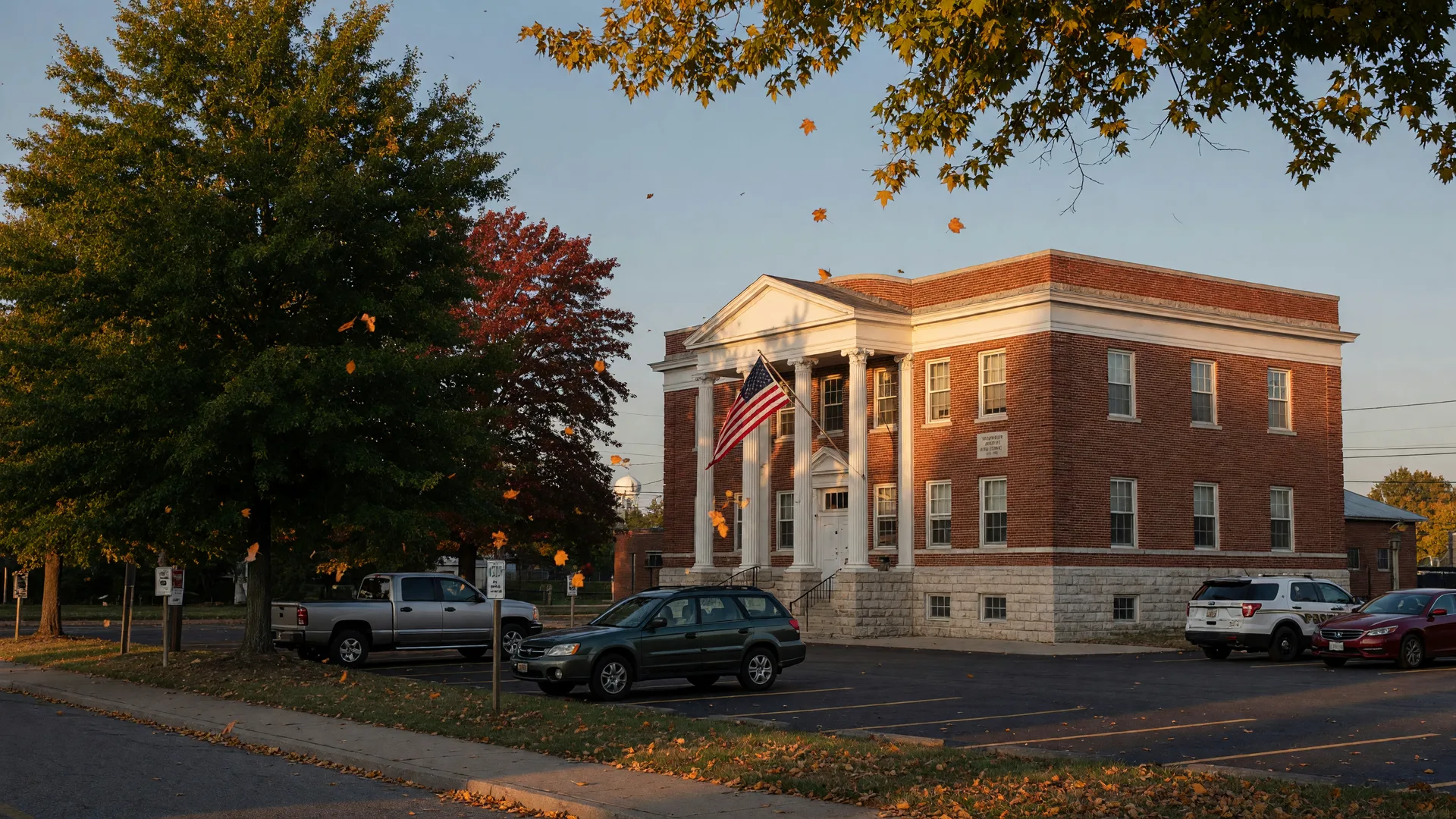 The Abington Township municipal building on a crisp late-September afternoon with golden light across its brick and stone facade, an American flag above the entrance, and mature oaks beginning to turn for autumn