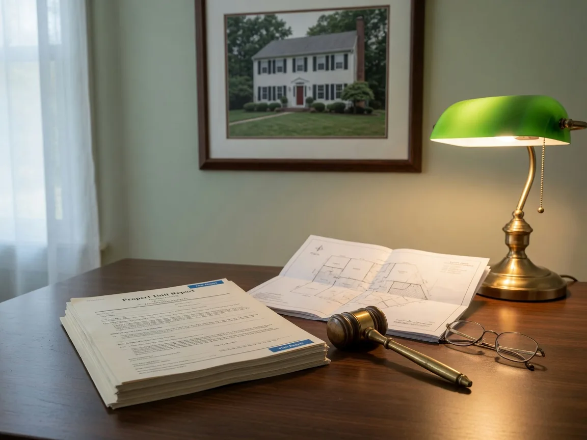 A title report, folded survey plat map, and reading glasses on a settlement office desk in Virginia