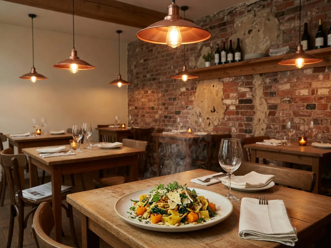 A cozy bistro table with wine glasses and a plate of seasonal pasta