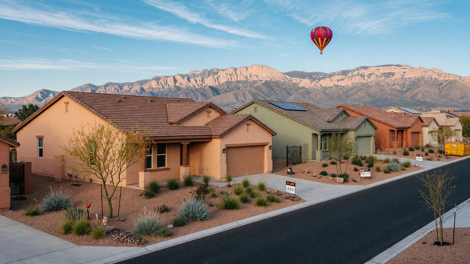 A new southwestern-style stucco home in an Albuquerque community with the Sandia Mountains behind it and a hot air balloon in the sky