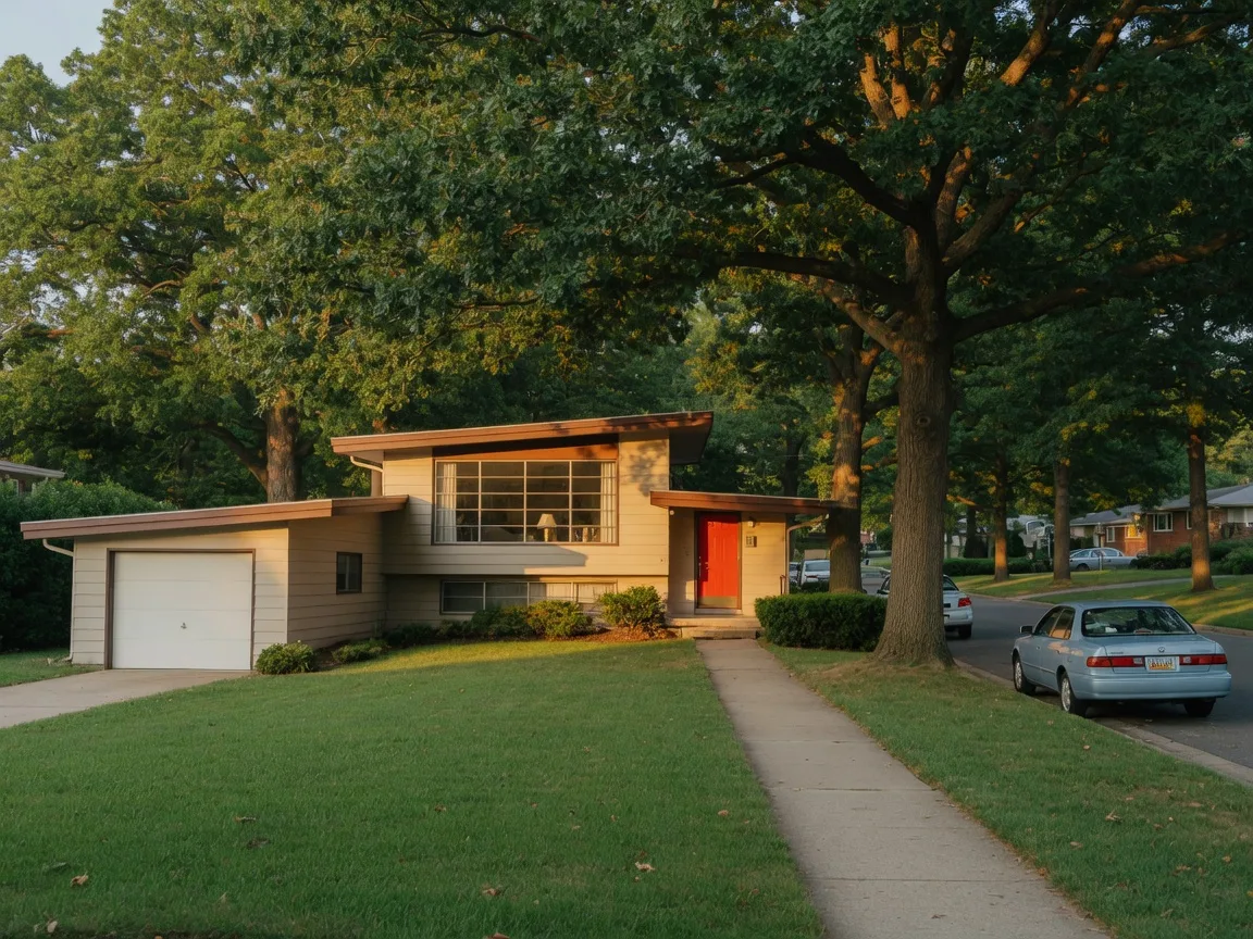 A mid-century split-level home under mature trees in a Maryland suburb