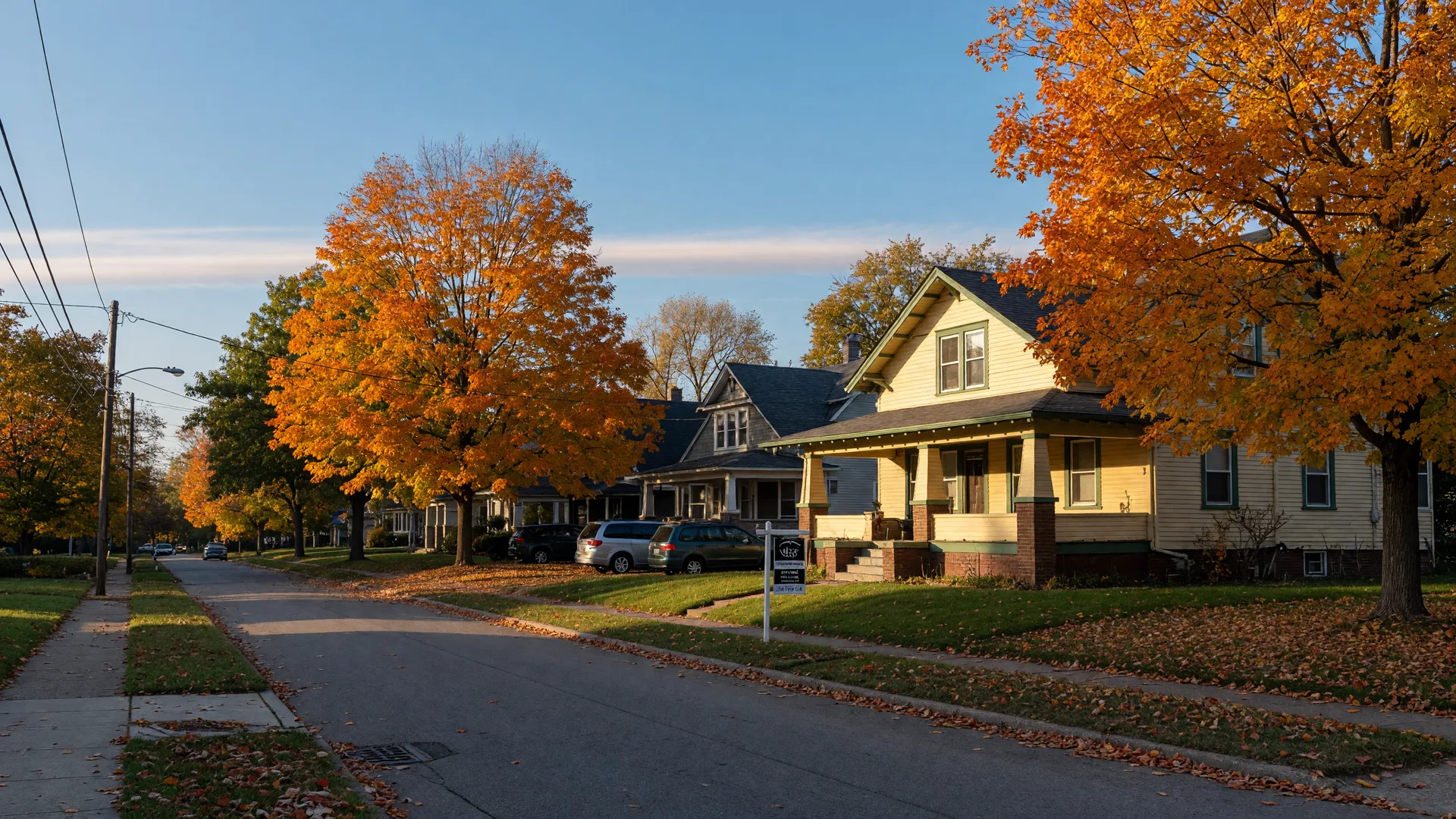 Tree-lined suburban street in the Cincinnati area on a crisp October morning with autumn color and a For Sale sign in golden light