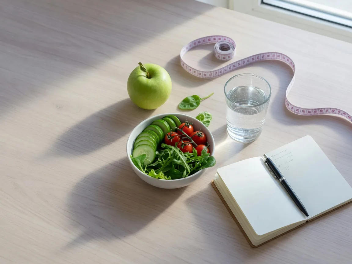 Measuring tape, apple, vegetables and water on a table, a simple healthy habits scene