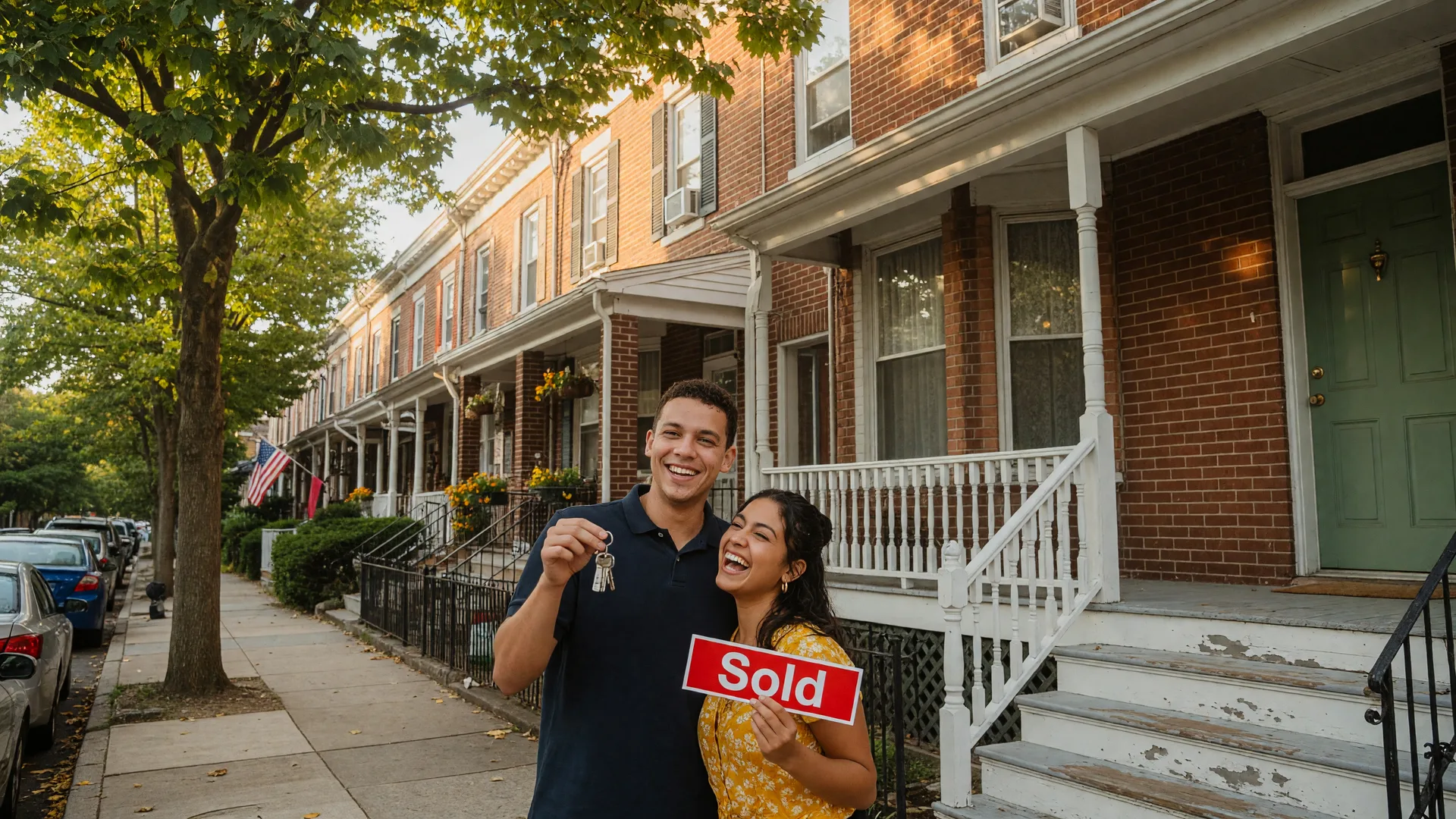 Happy couple holding keys and a Sold sign in front of their first Philadelphia rowhome