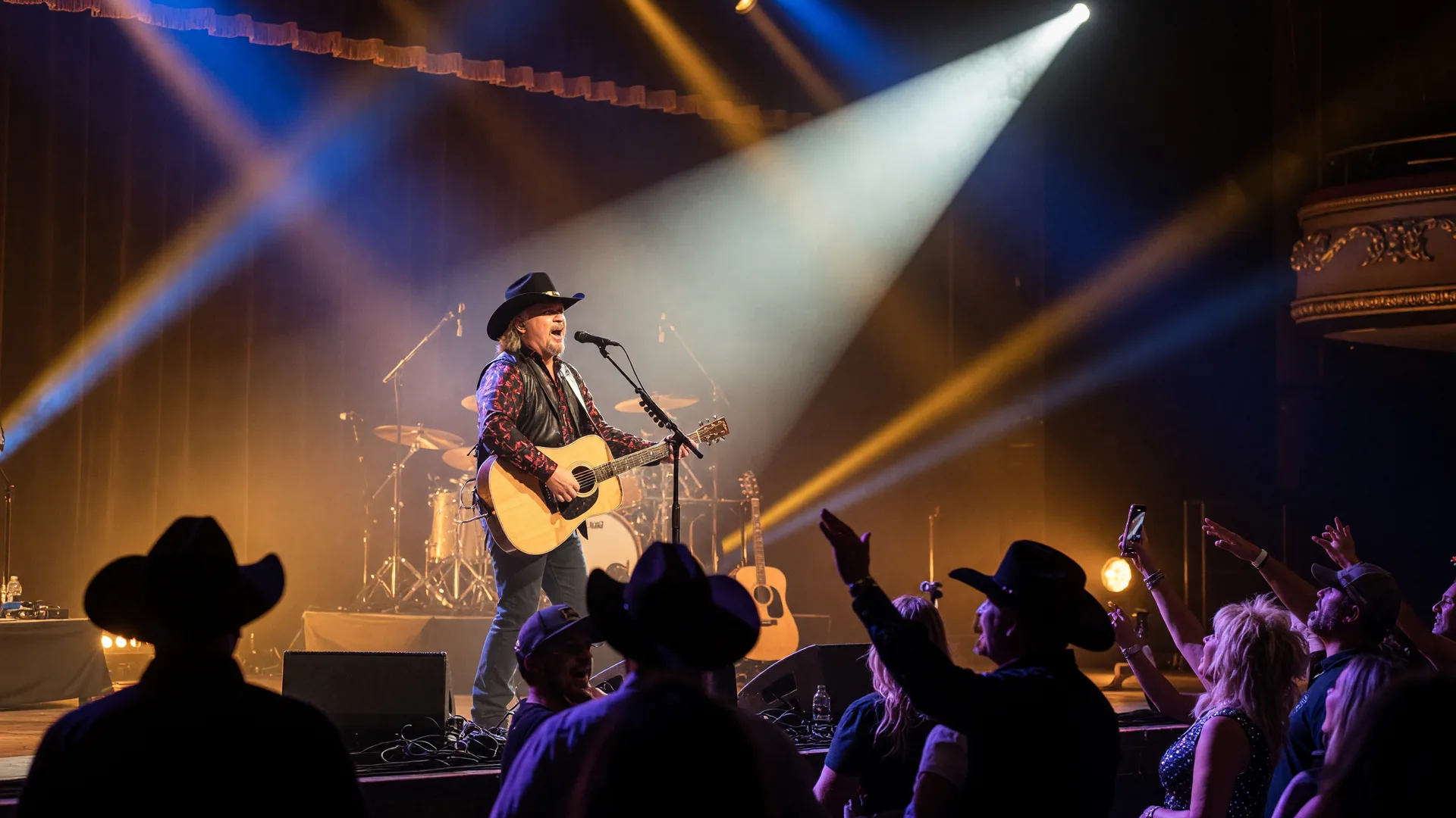 Country musician Travis Tritt performing on stage at the Choctaw Grand Theater with warm amber stage lighting and a silhouetted crowd
