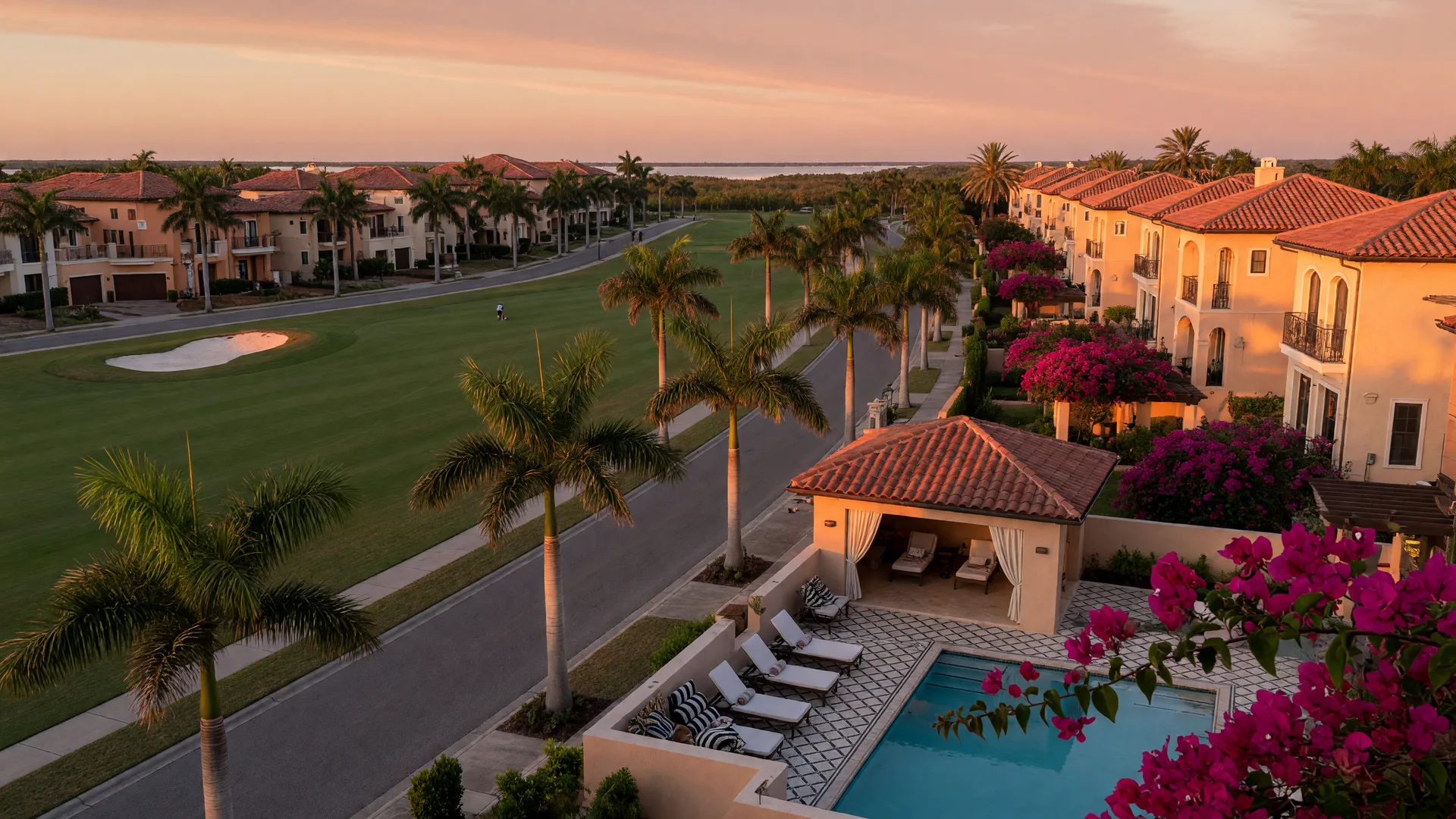 Golden-hour view of a palm-lined boulevard in Palmer Ranch, a master-planned community in south Sarasota, with Mediterranean-style homes, an emerald golf fairway, a resort-style pool, and soft haze over the distant bay