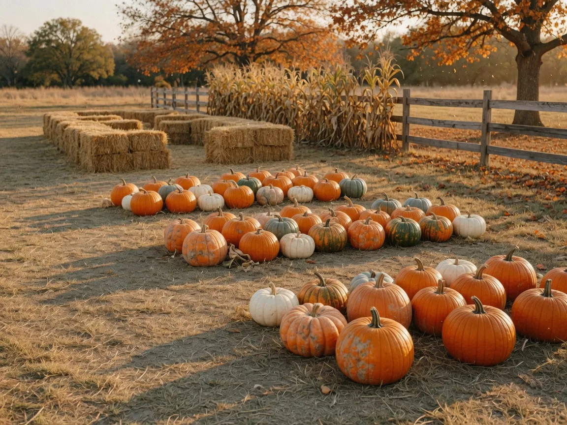 A Texas pumpkin patch at golden hour with rows of pumpkins, a hay-bale maze, corn stalks and autumn oak trees