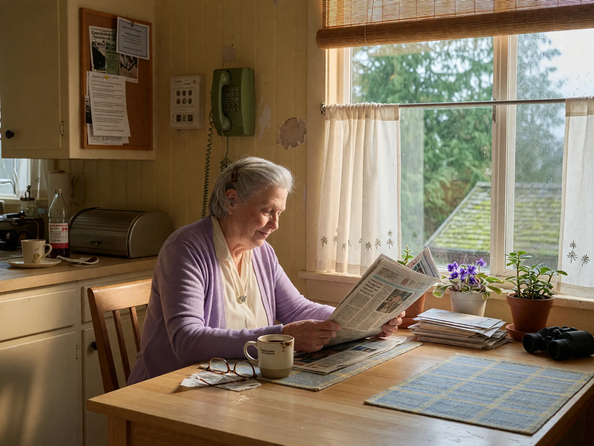 Senior woman reading a newspaper at a sunlit kitchen table with a cup of coffee and reading glasses