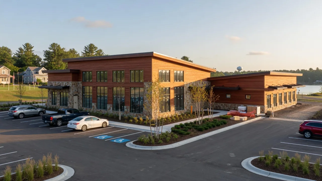 New one-story medical clinic with a wood and stone facade beside a small-town commercial strip under a clear September sky