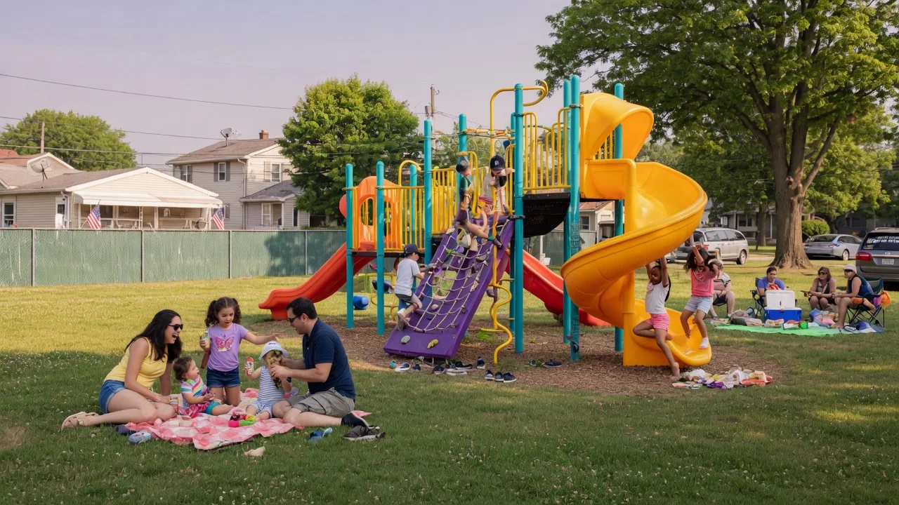 Family enjoying a sunny day at a playground in Delran