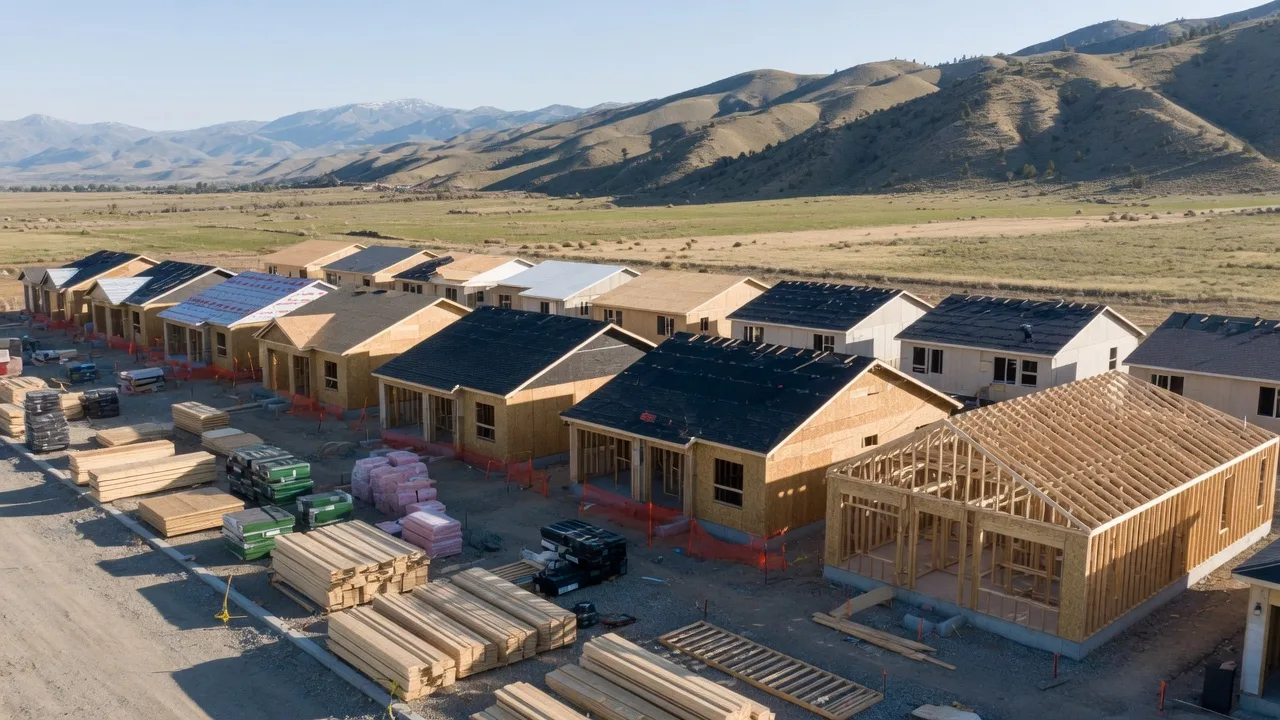 Rows of new homes under construction in a Treasure Valley subdivision with the foothills behind