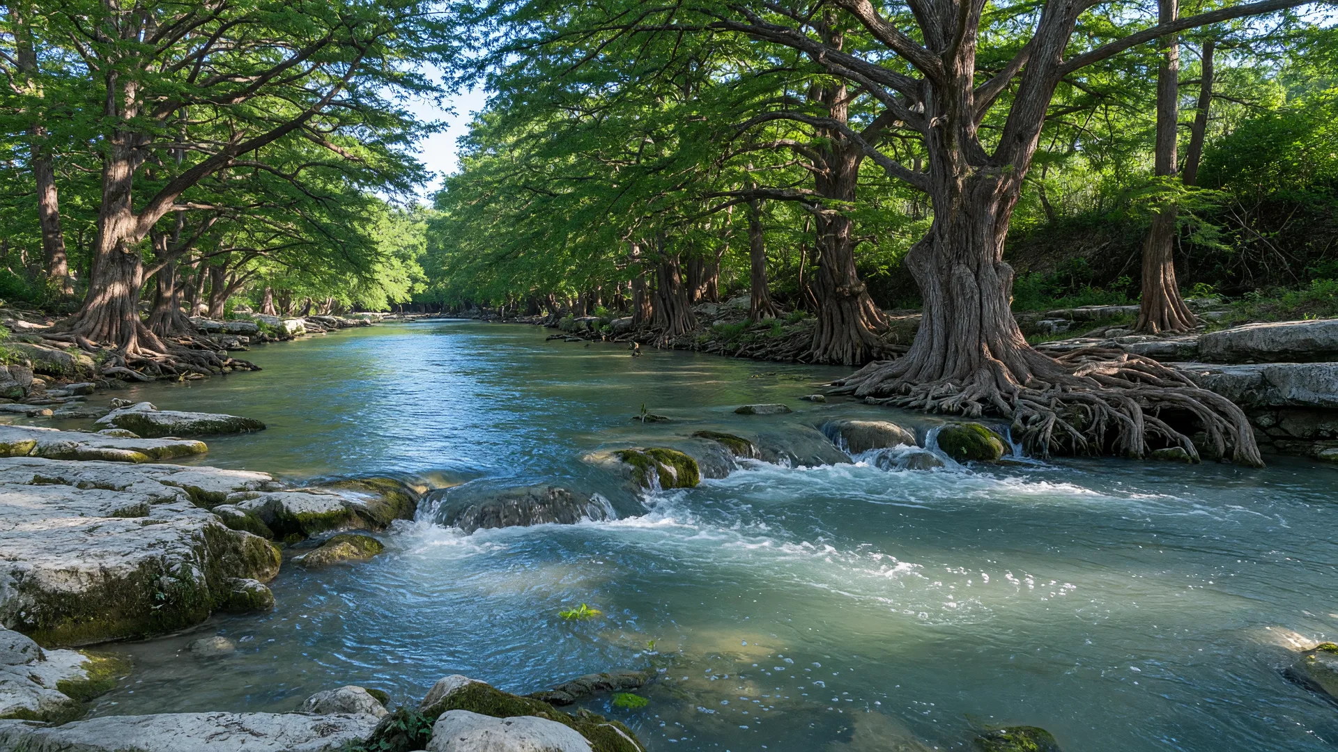 Guadalupe River near Spring Branch with cypress trees and limestone rapids