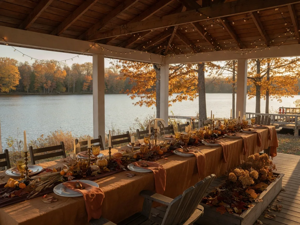 A covered lakeside pavilion with a long festive table set for an outdoor Thanksgiving gathering, linen, candles, autumn leaves, and string lights with the lake beyond