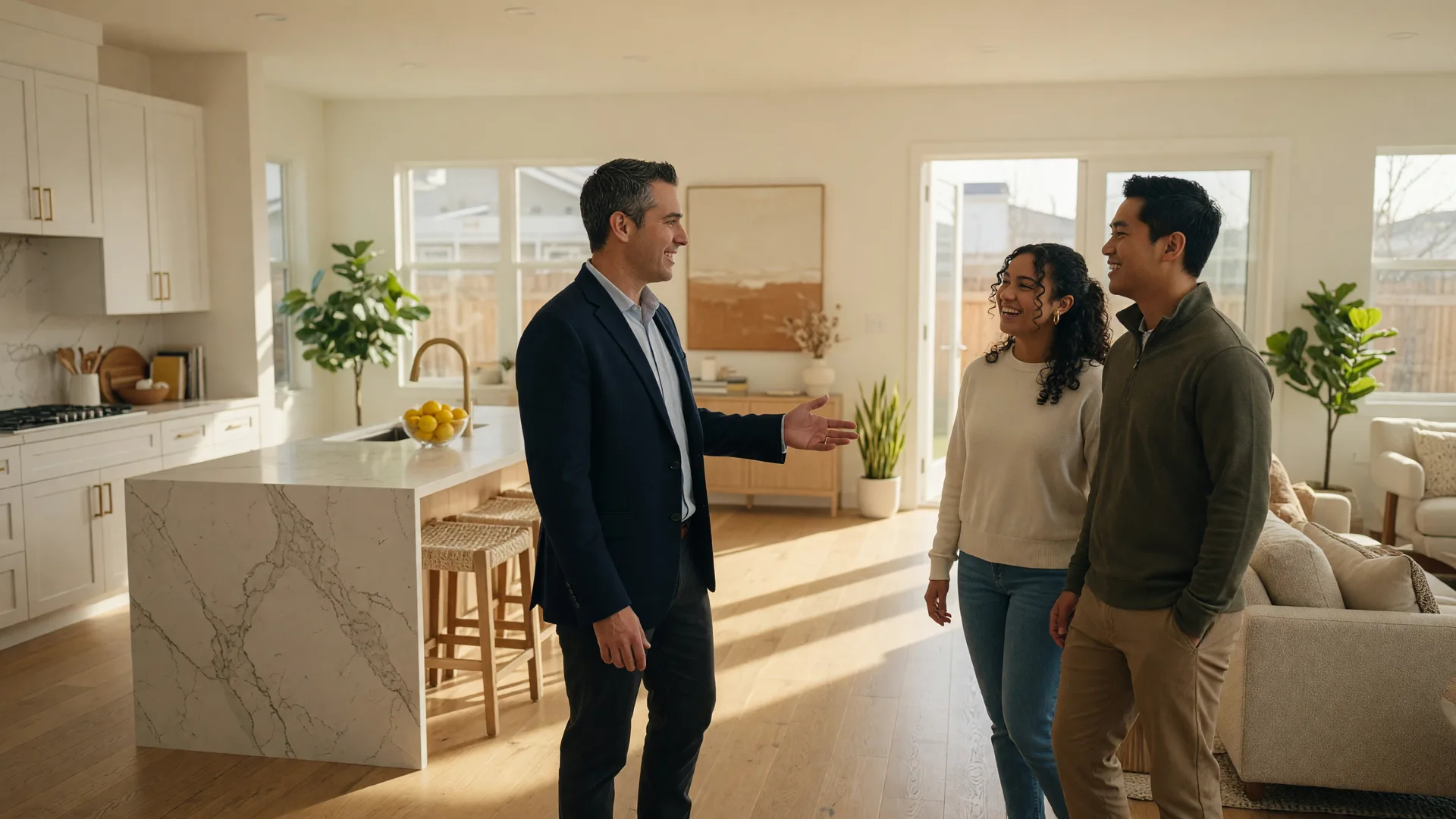 A real estate agent in a navy blazer walking a young couple through a bright staged model home, gesturing toward the open-concept kitchen