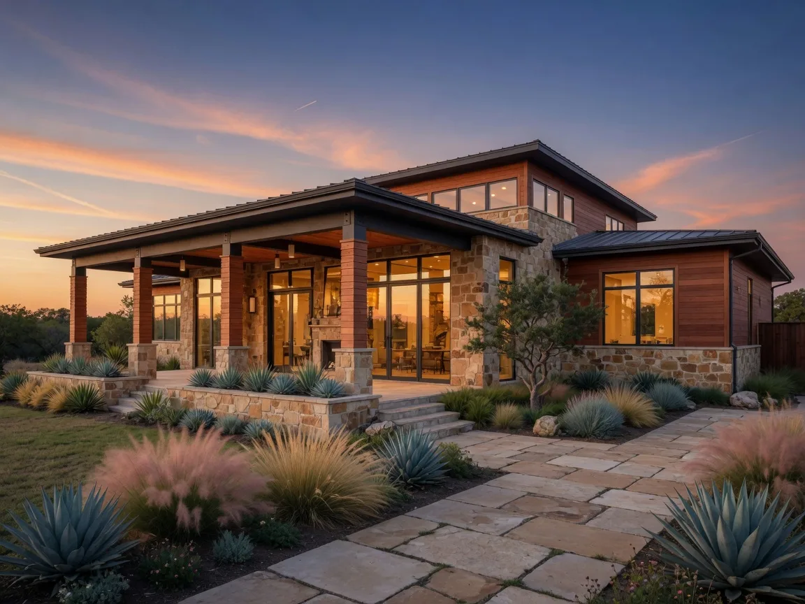 Newly constructed luxury modern home in San Antonio at golden hour