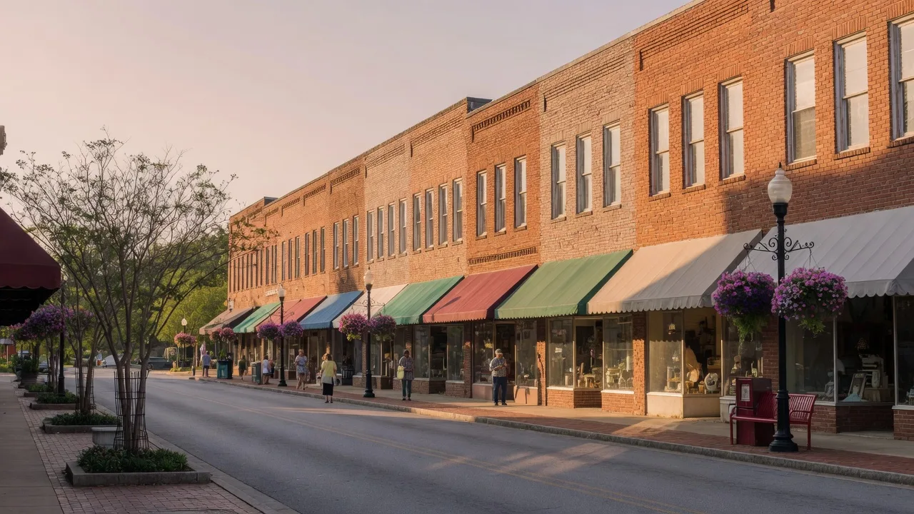 Historic brick storefronts on a small-town Georgia main street