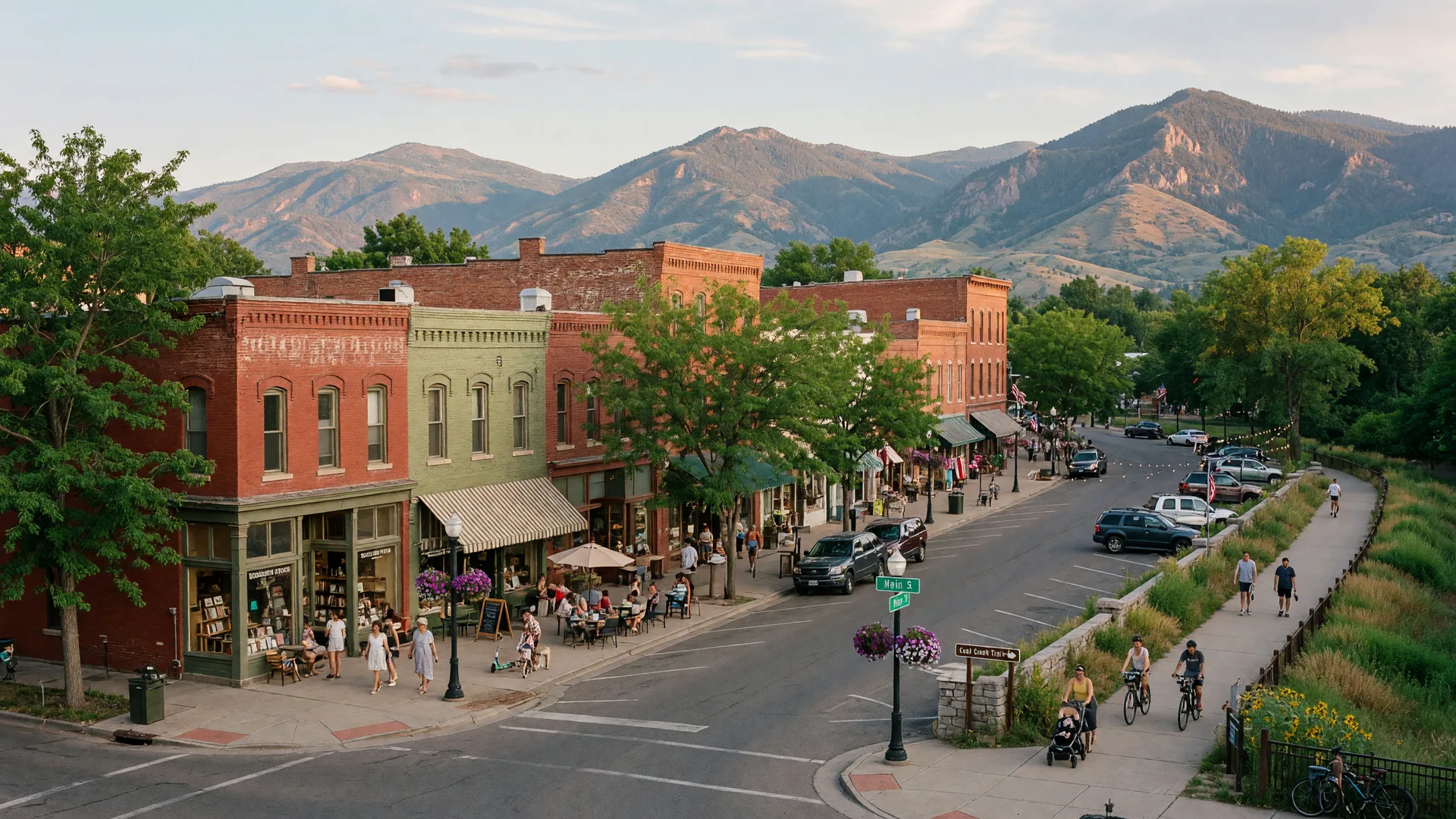 Historic downtown Louisville Colorado with brick buildings, tree-lined streets, and Rocky Mountain backdrop