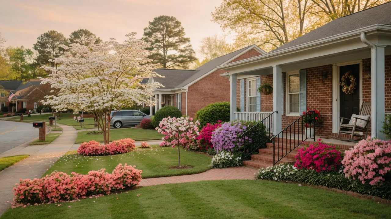 Charming home in a NW Metro Atlanta neighborhood with blooming spring flowers, a rocking chair on the front porch, and warm golden hour light